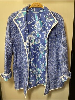 Reversible Quilted Blue Patterned Blazer Jacket with White Trim